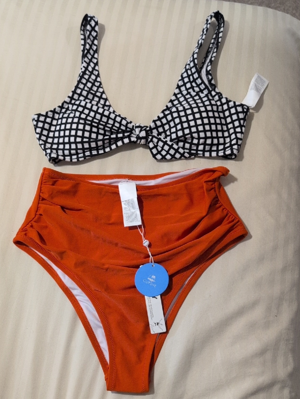 Cupshe Black & White Grid Bikini Top with Rust High-Waist Bottom